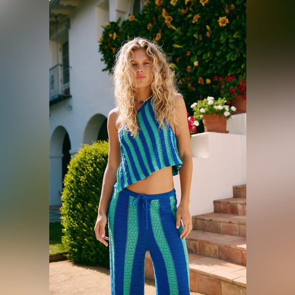 NWT Free People Joan Fauxchet Striped Knit Top Pant Set in Sky Surfer Combo Sz S - Picture 2 of 12